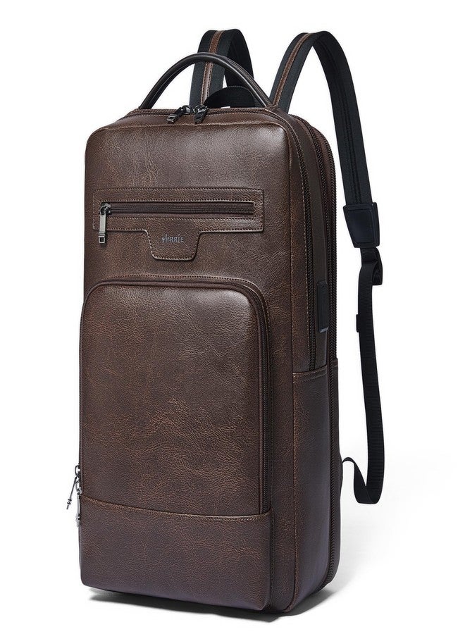 Shrrie Leather Laptop Backpack for Men and Women,16 Inch Computer Backpack,28 L Expandable Travel Backpack for Work Business, Coffee - Image 1