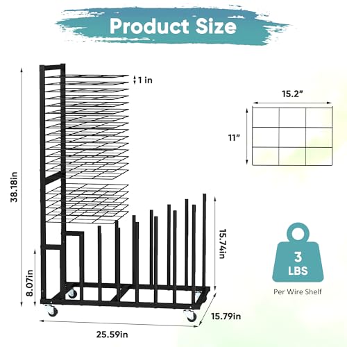 Suuiwau Art Drying Rack with 20 Removable Shelves & 7 Slots, Metal Art Storage Rack for Canvas Painting Drawing Board Storage with Lockable Wheels for Classrooms, Art Studio - Image 2