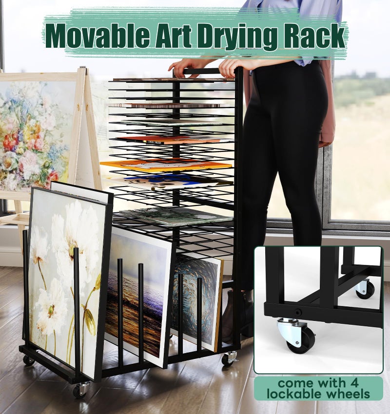 Suuiwau Art Drying Rack with 20 Removable Shelves & 7 Slots, Metal Art Storage Rack for Canvas Painting Drawing Board Storage with Lockable Wheels for Classrooms, Art Studio - Image 4