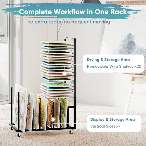 Suuiwau Art Drying Rack with 20 Removable Shelves & 7 Slots, Metal Art Storage Rack for Canvas Painting Drawing Board Storage with Lockable Wheels for Classrooms, Art Studio - Image 3
