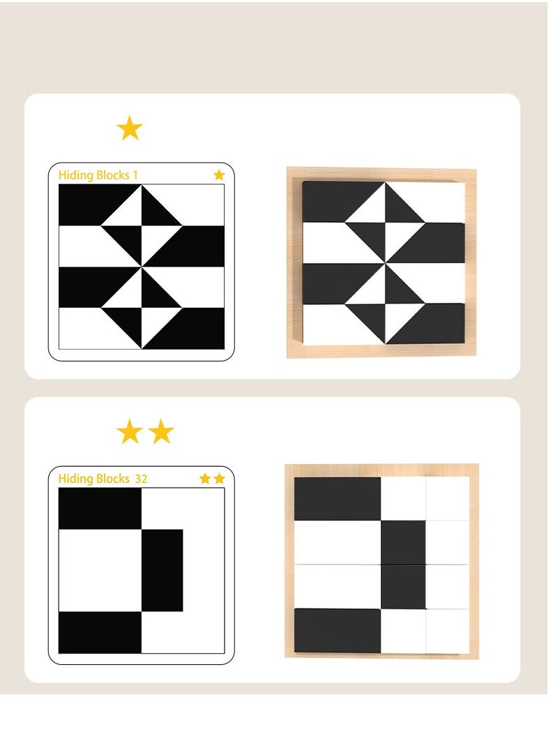 Generic The puzzle toy with hidden pieces for children is an educational game that enhances logical thinking and spatial thinking. It is a tabletop game for children, featuring black and white cards, visual toys for babies, coordination skills development, and intellectual stimulation. It is suitable for children aged 0 to 8 years old and can be a birthday gift. It offers multiple game challenges with building blocks.  - Image 4