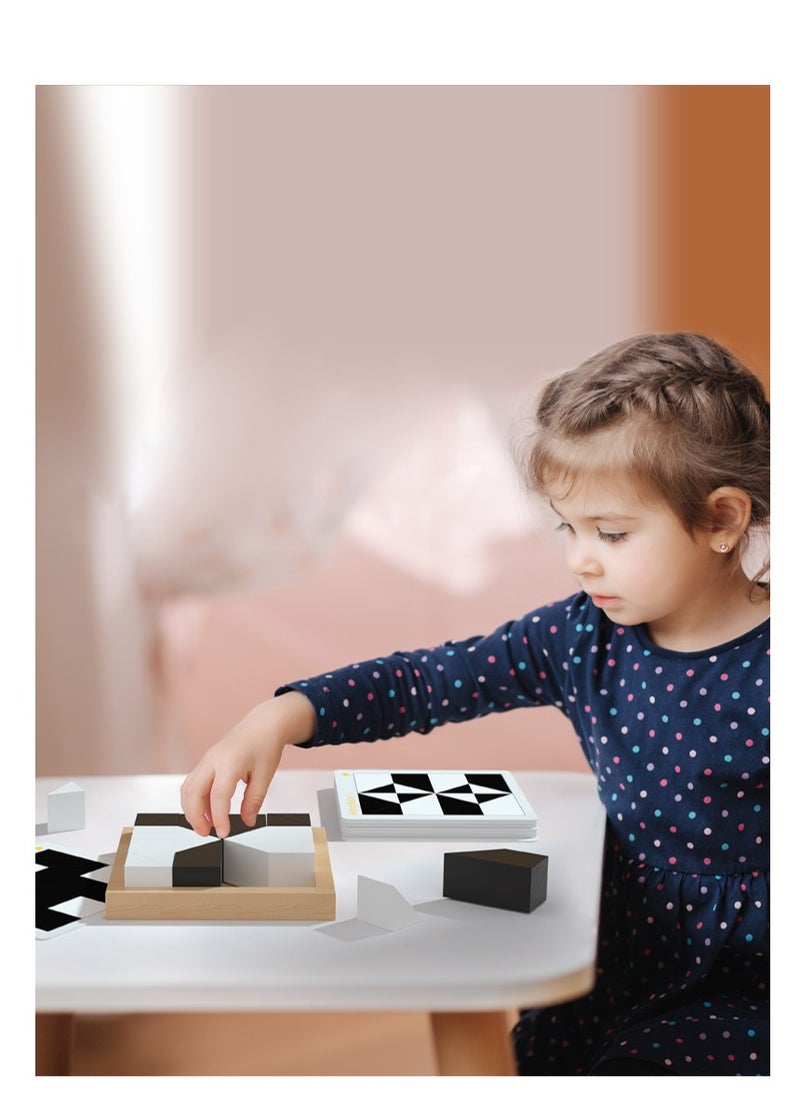null - The puzzle toy with hidden pieces for children is an educational game that enhances logical thinking and spatial thinking. It is a tabletop game for children, featuring black and white cards, visual toys for babies, coordination skills development, and intellectual stimulation. It is suitable for children aged 0 to 8 years old and can be a birthday gift. It offers multiple game challenges with building blocks. - Image 1