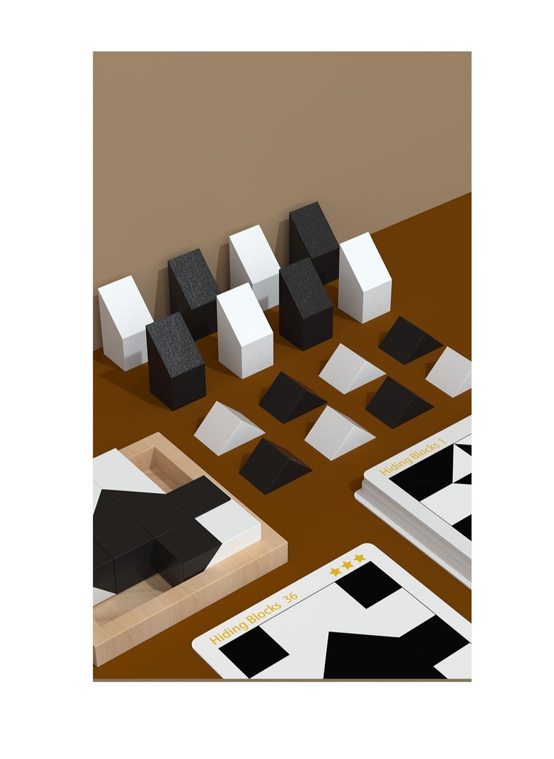 null - The puzzle toy with hidden pieces for children is an educational game that enhances logical thinking and spatial thinking. It is a tabletop game for children, featuring black and white cards, visual toys for babies, coordination skills development, and intellectual stimulation. It is suitable for children aged 0 to 8 years old and can be a birthday gift. It offers multiple game challenges with building blocks. - Image 1