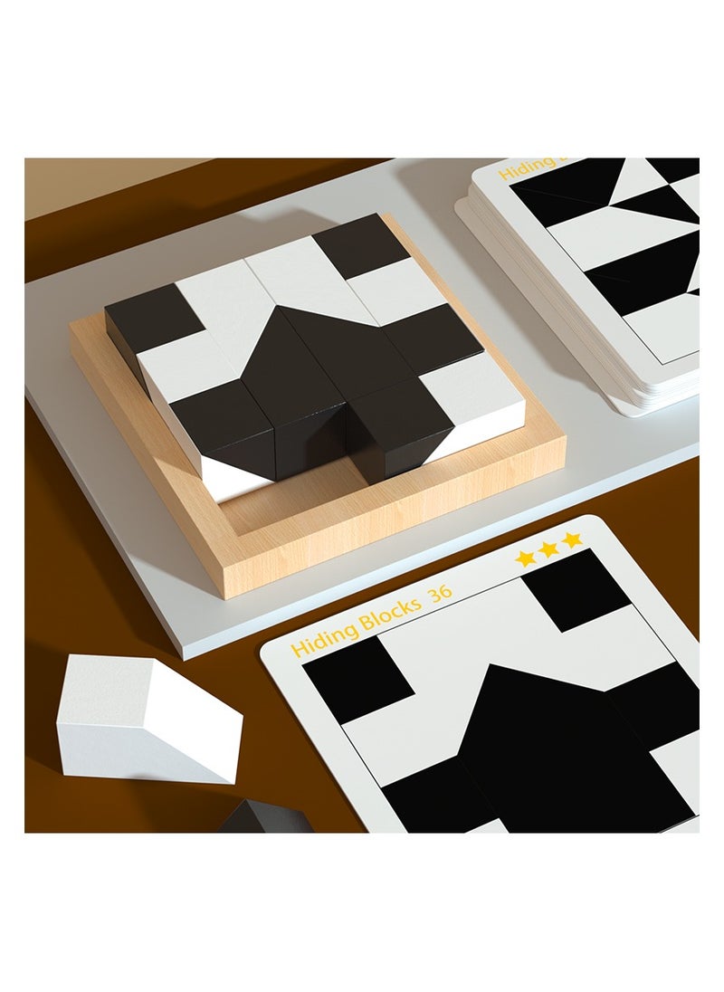 null - The puzzle toy with hidden pieces for children is an educational game that enhances logical thinking and spatial thinking. It is a tabletop game for children, featuring black and white cards, visual toys for babies, coordination skills development, and intellectual stimulation. It is suitable for children aged 0 to 8 years old and can be a birthday gift. It offers multiple game challenges with building blocks. - Image 1