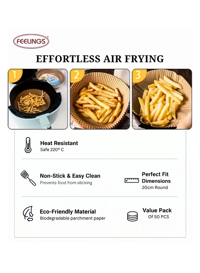 Feelings Round Air Fryer Paper Liners, 20cm, Pack of 50 – Non-Stick Grease-Proof Disposable Parchment Sheets for Air Fryers, Steamers & Baking, Easy-Cleanup Kitchen Liners, Beige - Image 5