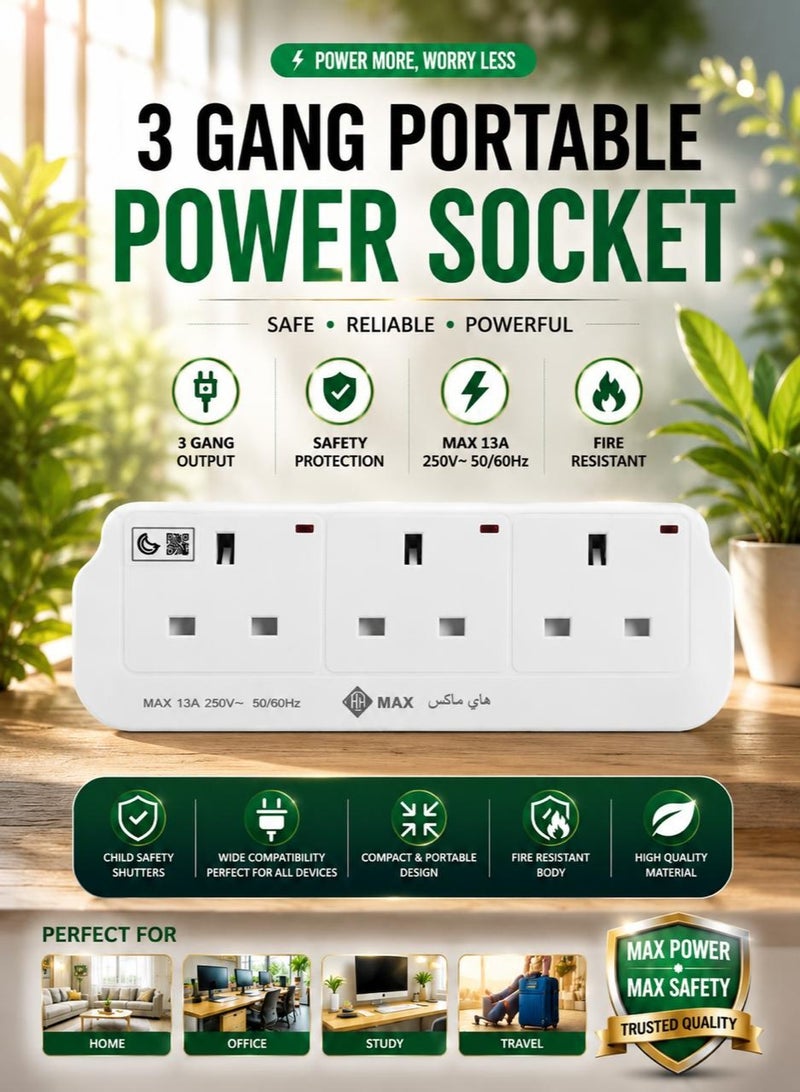 Himax Hi Max 3-Way Power Adapter, Multi-plug power extension socket adapter, Universal UK wall 3 socket extender outlet, UK 3-pin electric power socker for home, office, kitchen, Travel And More (White) - Image 1