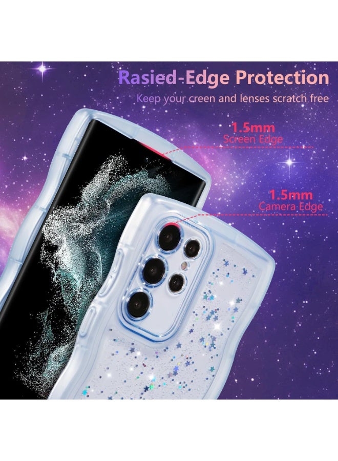 غطاء هاتف سامسونج جالاكسي S25 Ultra 5G مقاس 6.9 بوصة، غطاء منحني مموج بلمسة نجمية لامعة، غطاء TPU ناعم مقاوم للصدمات لحماية الهاتف، لون أزرق - للنساء والبنات - Image 2