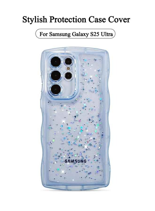 غطاء هاتف سامسونج جالاكسي S25 Ultra 5G مقاس 6.9 بوصة، غطاء منحني مموج بلمسة نجمية لامعة، غطاء TPU ناعم مقاوم للصدمات لحماية الهاتف، لون أزرق - للنساء والبنات - Image 1