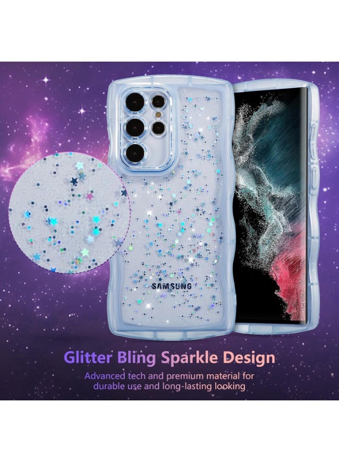 غطاء هاتف سامسونج جالاكسي S25 Ultra 5G مقاس 6.9 بوصة، غطاء منحني مموج بلمسة نجمية لامعة، غطاء TPU ناعم مقاوم للصدمات لحماية الهاتف، لون أزرق - للنساء والبنات - Image 3