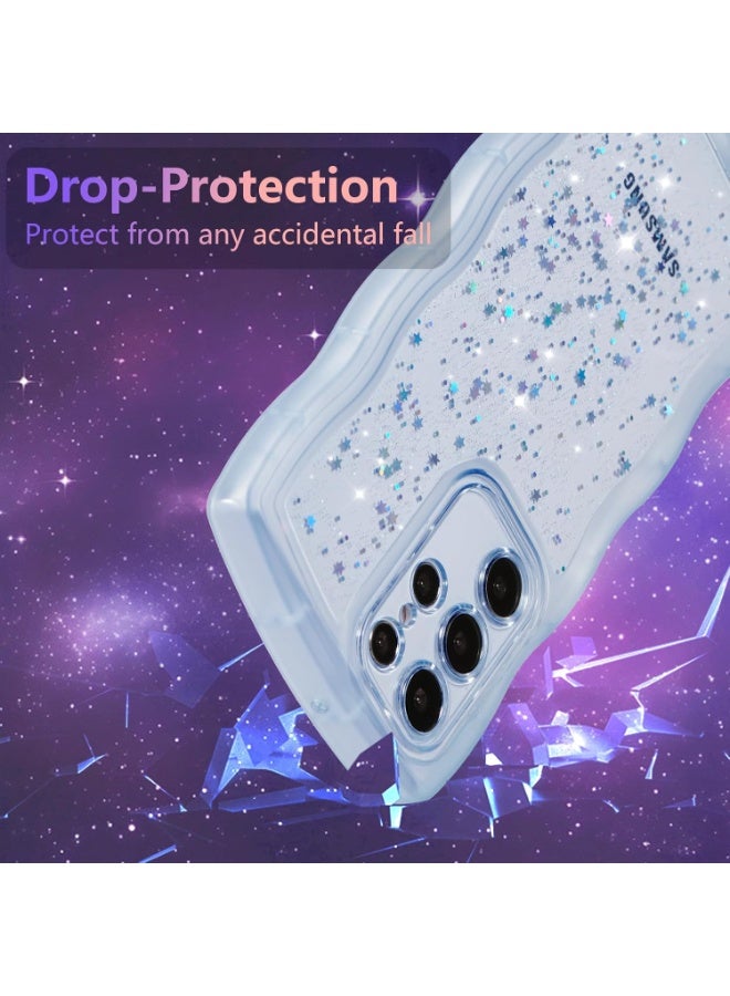 غطاء هاتف سامسونج جالاكسي S25 Ultra 5G مقاس 6.9 بوصة، غطاء منحني مموج بلمسة نجمية لامعة، غطاء TPU ناعم مقاوم للصدمات لحماية الهاتف، لون أزرق - للنساء والبنات - Image 4