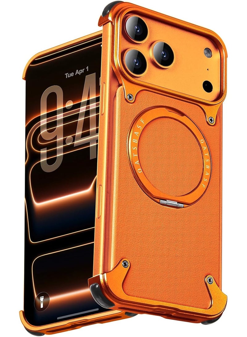 OATSBASF Frameless Case For iPhone 17 Pro Max With 360 Degree Rotating Kickstand Shock Absorption Aerospace Grade Protective Leather Cover Orange - Image 1