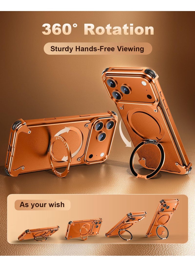 OATSBASF Frameless Case For iPhone 17 Pro Max With 360 Degree Rotating Kickstand Shock Absorption Aerospace Grade Protective Leather Cover Orange - Image 3