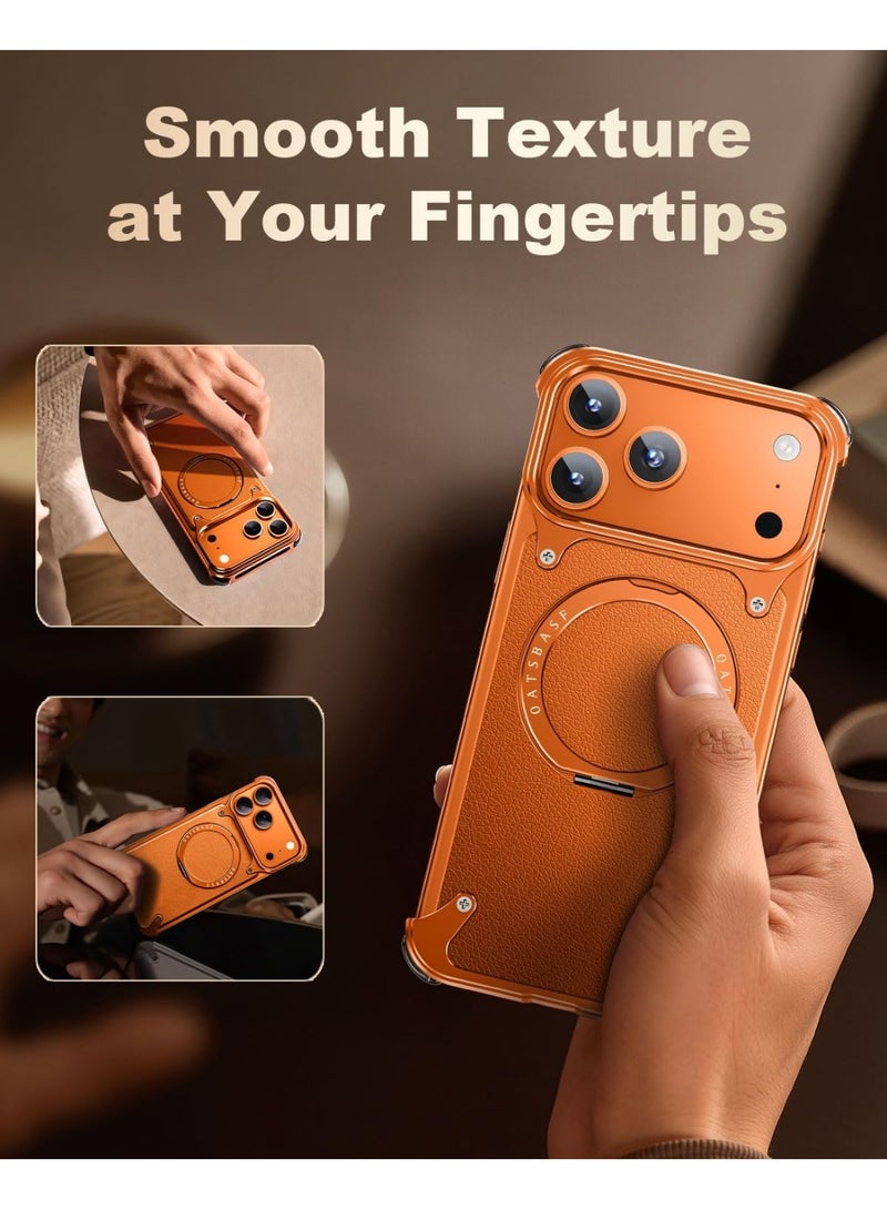 OATSBASF Frameless Case For iPhone 17 Pro Max With 360 Degree Rotating Kickstand Shock Absorption Aerospace Grade Protective Leather Cover Orange - Image 4