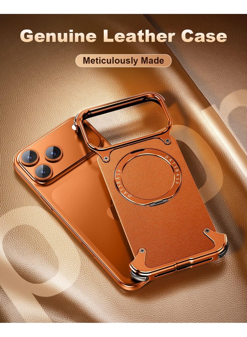 OATSBASF Frameless Case For iPhone 17 Pro Max With 360 Degree Rotating Kickstand Shock Absorption Aerospace Grade Protective Leather Cover Orange - Image 5