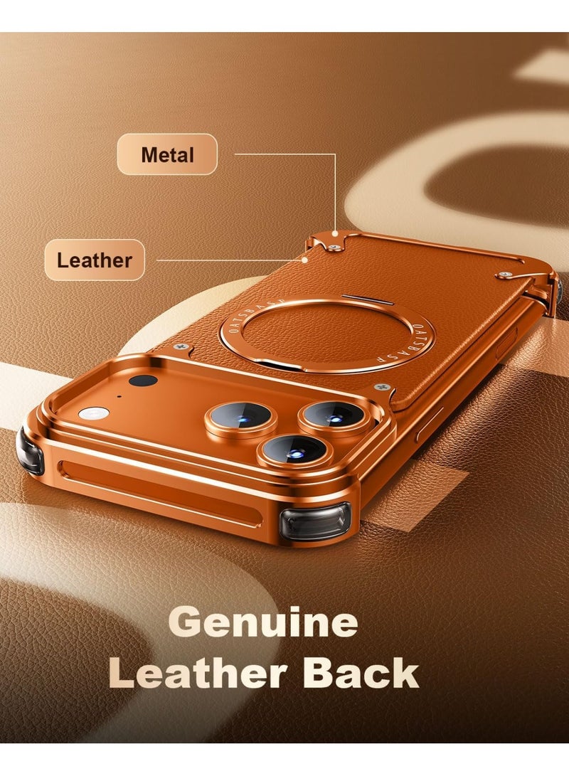 OATSBASF Frameless Case For iPhone 17 Pro Max With 360 Degree Rotating Kickstand Shock Absorption Aerospace Grade Protective Leather Cover Orange - Image 2