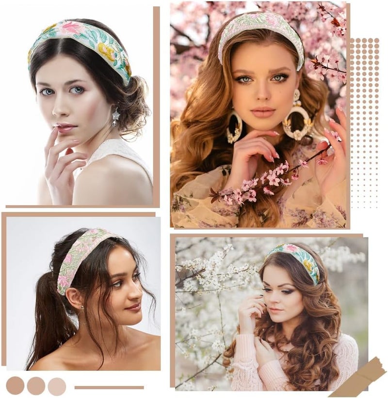 3Pcs Floral Embroidered Headbands Set - Vintage Wide Elastic Hair Bands for Women - Image 2