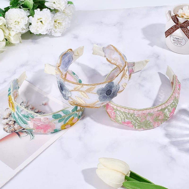 3Pcs Floral Embroidered Headbands Set - Vintage Wide Elastic Hair Bands for Women - Image 4