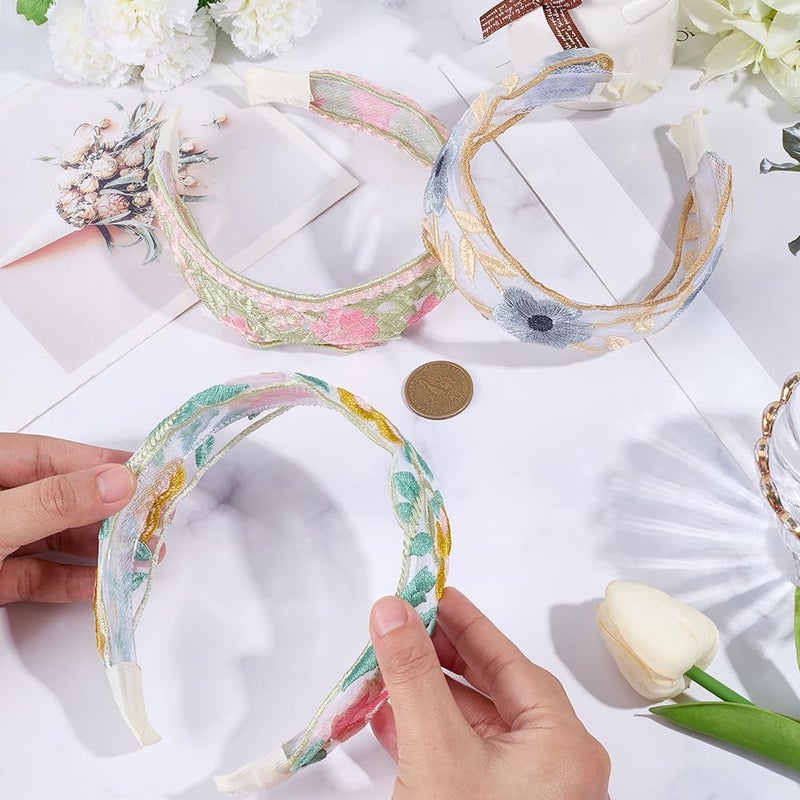 3Pcs Floral Embroidered Headbands Set - Vintage Wide Elastic Hair Bands for Women - Image 5