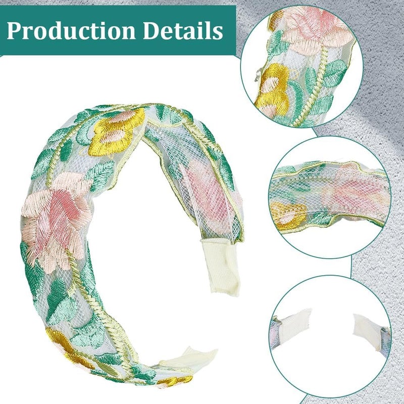 3Pcs Floral Embroidered Headbands Set - Vintage Wide Elastic Hair Bands for Women - Image 3