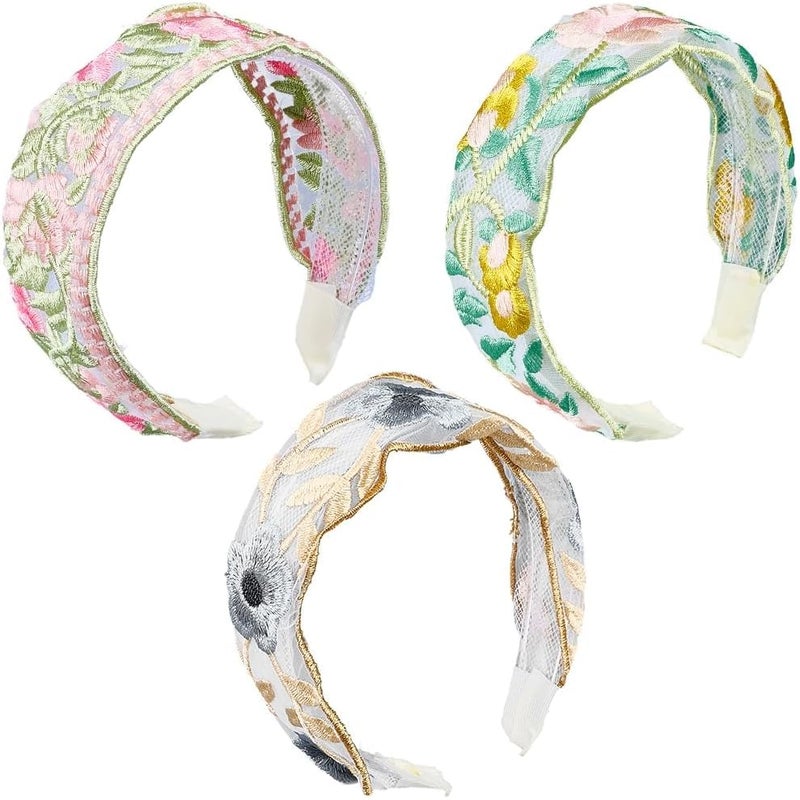 3Pcs Floral Embroidered Headbands Set - Vintage Wide Elastic Hair Bands for Women - Image 1