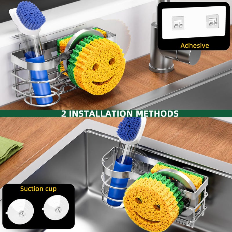 Cisily Smiley Sponge Holder for Kitchen Sink Caddy, Stainless Steel Movable Brush Holder Dish Cloth Hanger, Suction Cup Sink Caddy Organizer Scrubber Accessories (Silver) - Image 3