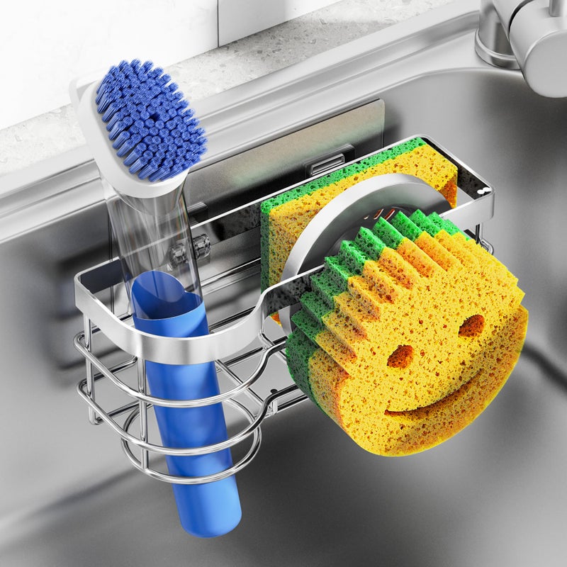 Cisily Smiley Sponge Holder for Kitchen Sink Caddy, Stainless Steel Movable Brush Holder Dish Cloth Hanger, Suction Cup Sink Caddy Organizer Scrubber Accessories (Silver) - Image 1