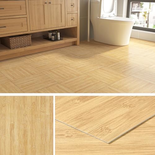 Livelynine Peel and Stick Floor Tile Wood Look Bamboo Flooring Tiles Waterproof Sheet Vinyl Flooring 12x12 4Sheets Natural Wood Laminate Flooring Renter Friendly Floor Stickers Sticky Bathroom Tiles - Image 1
