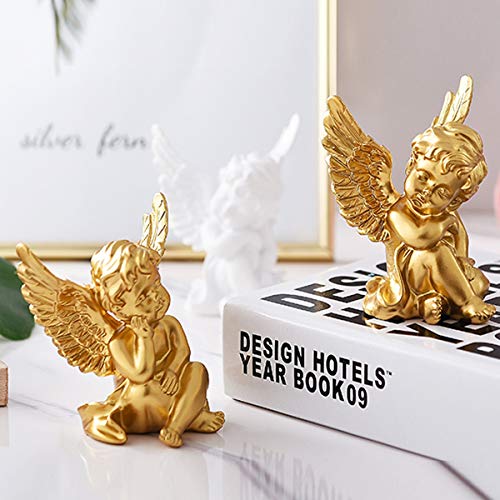 OwMell Set of 2 Cherubs Angels Resin Statue Figurine, Indoor Home Decoration, Adorable Angel Sculpture Memorial Statue 4" - Gold - Image 2