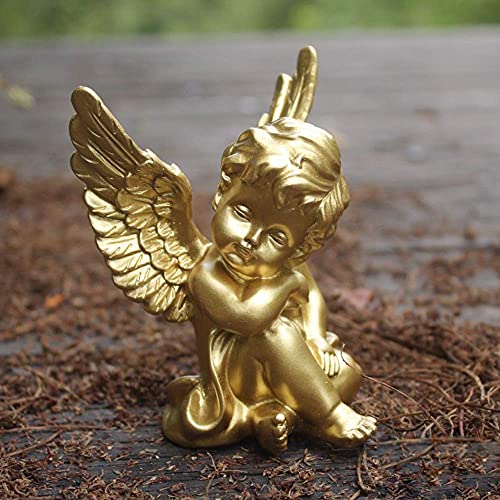 OwMell Set of 2 Cherubs Angels Resin Statue Figurine, Indoor Home Decoration, Adorable Angel Sculpture Memorial Statue 4" - Gold - Image 5