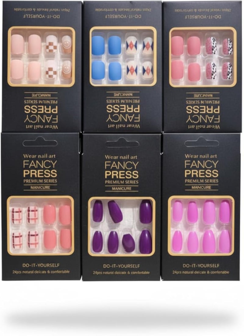 Fake Press-On Nails Set â€“ 6 Pack Reusable Artificial Tips â€“ Easy Application & Natural Finish for Women