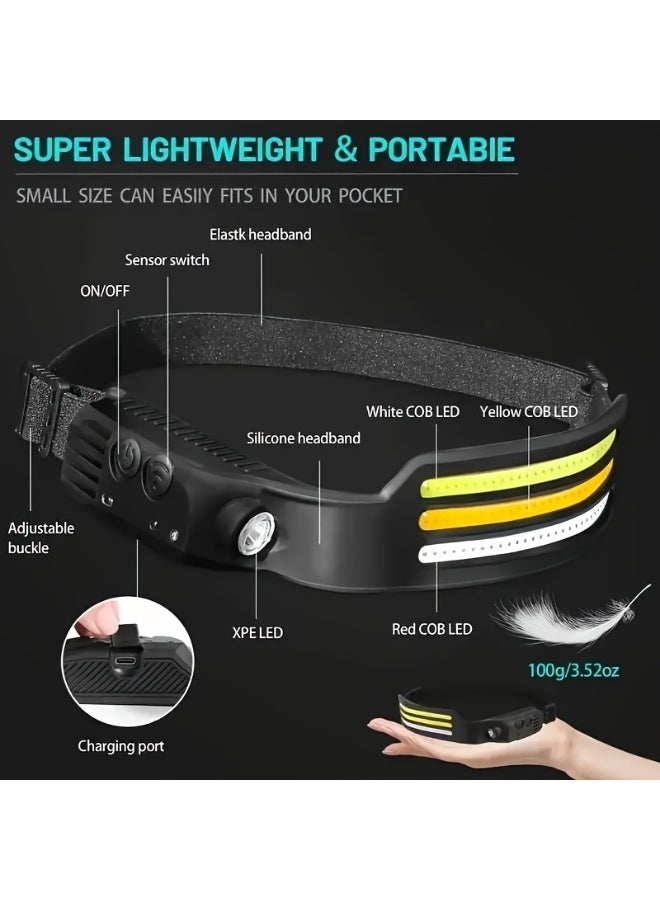 Anfan IP44 Waterproof Rechargeable COB LED Headlamp, 3 Light Strips Ultra Bright Multi-Purpose Headlight, 1 Pack Lithium Battery with USB Charging Cable - Image 2