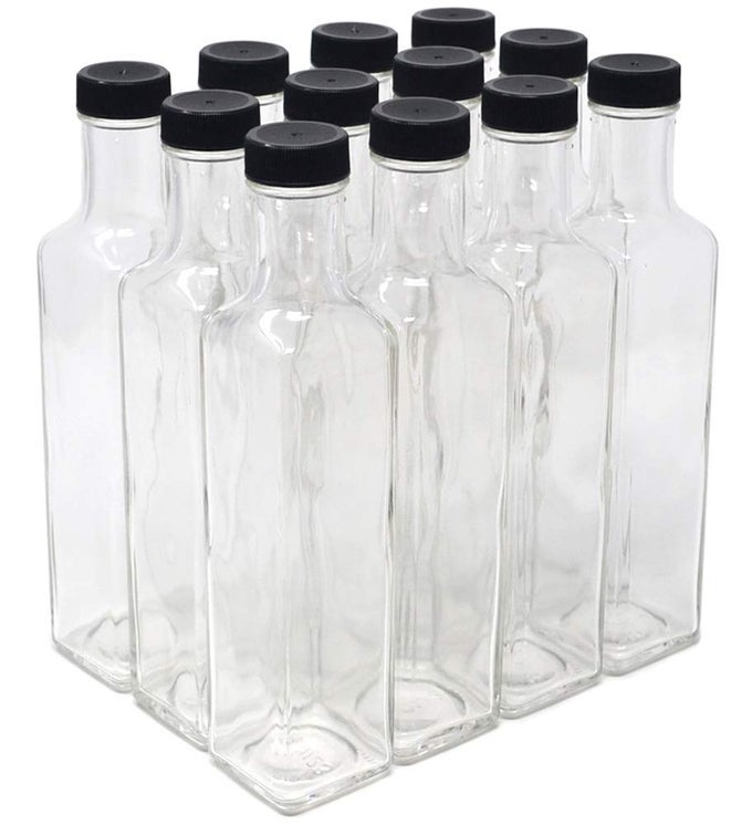 CLEAR GLASS QUADRA BOTTLES 250ML BLACK CAPS 85 FL OZ CASE OF 12