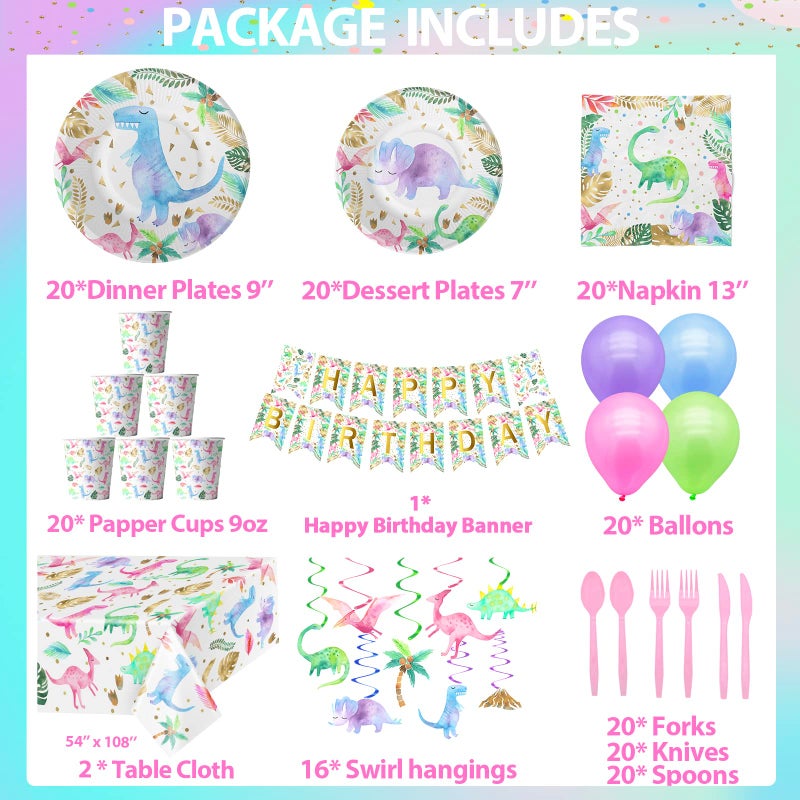 HaPiBiDesign Dinosaur Birthday Party Supplies for Girls  Pink Dinosaur Party Decorations  Balloons Birthday Banner Plates Cups Napkins Tablecloth Tableware Serves 20 - Image 3