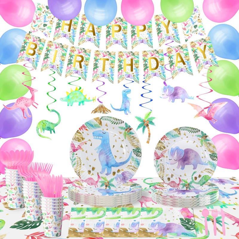 HaPiBiDesign Dinosaur Birthday Party Supplies for Girls  Pink Dinosaur Party Decorations  Balloons Birthday Banner Plates Cups Napkins Tablecloth Tableware Serves 20 - Image 2