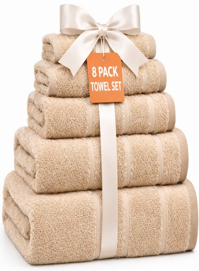 HOME ESSENTIALS Beige 8 Piece Bath Towel Set, 100% Cotton Soft & Super Absorbent Towels for Bathroom - 2 Large Bath Towels, 2 Hand Towels, 4 Washcloths, Quick Dry for Home, Gym & Spa - Image 1