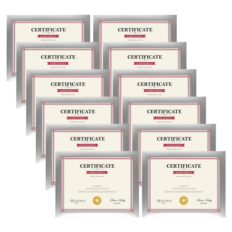Giftgarden 85x11 Picture Frame Silver Set of 12 Multi Modern 85 x 11 Frames Bulk for Award Certificate Document Diploma Wall or Tabletop Display