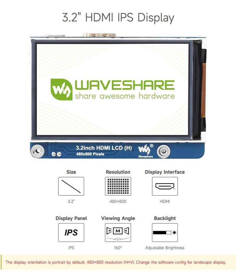 Waveshare waveshare 3.2inch HDMI IPS LCD Display Compatible with Raspberry Pi 4B/3B+/3A+/2B/B+/A+/Zero/Zero W/WH/Zero 2W CM3+/4 Series Boards 480×800 Resolution No Touch Supports Jerson Nano/Windows - Image 3