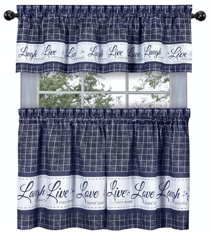 Country Gingham Check LiveLaughLove 3 Pc Caf Plaid Kitchen Curtain Set Assorted Colors Sizes Navy 24 in L
