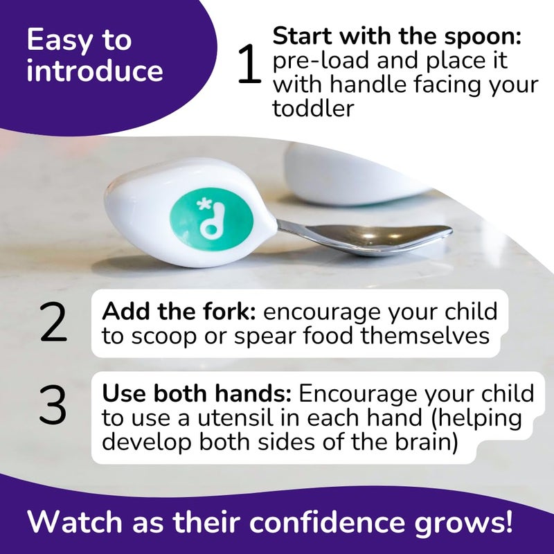 doddl Toddler Utensils, Ergonomic Fork and Spoon Set for Self Feeding, Stainless Steel Silverware for 1-3 Year Olds, BPA Free, Dishwasher Safe (Aqua) - Image 2