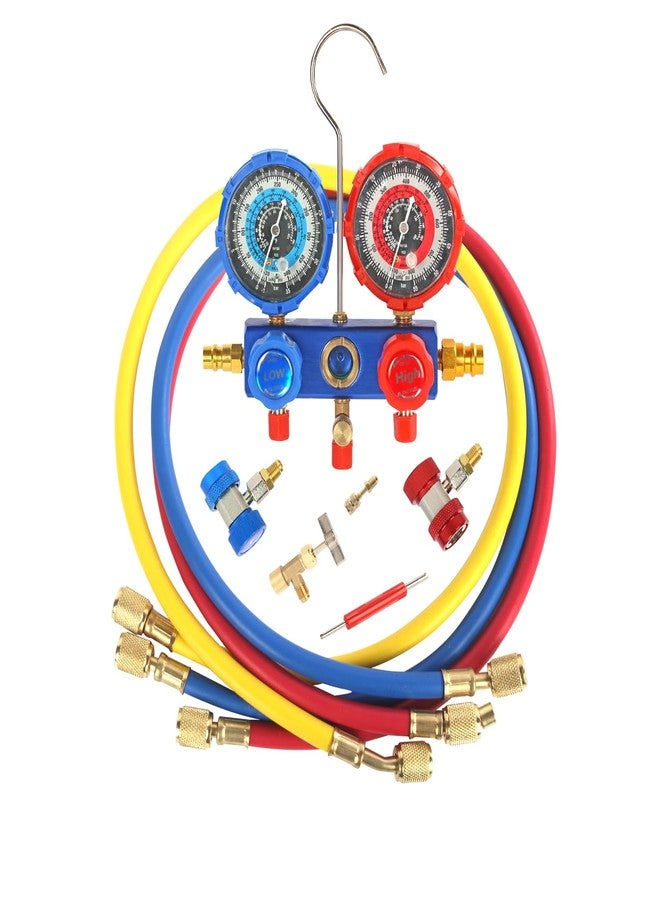 PB Motor Tech BMT PB Motor Tech 3 Way AC Manifold Gauge Set for R134A, R410A, R22, R404A Refrigerants, with Quick Couplers, 410 Adapter, Puncturing Can Tap, Valve Core Tool. Perfect for Air Conditioning Maintenance - Image 1
