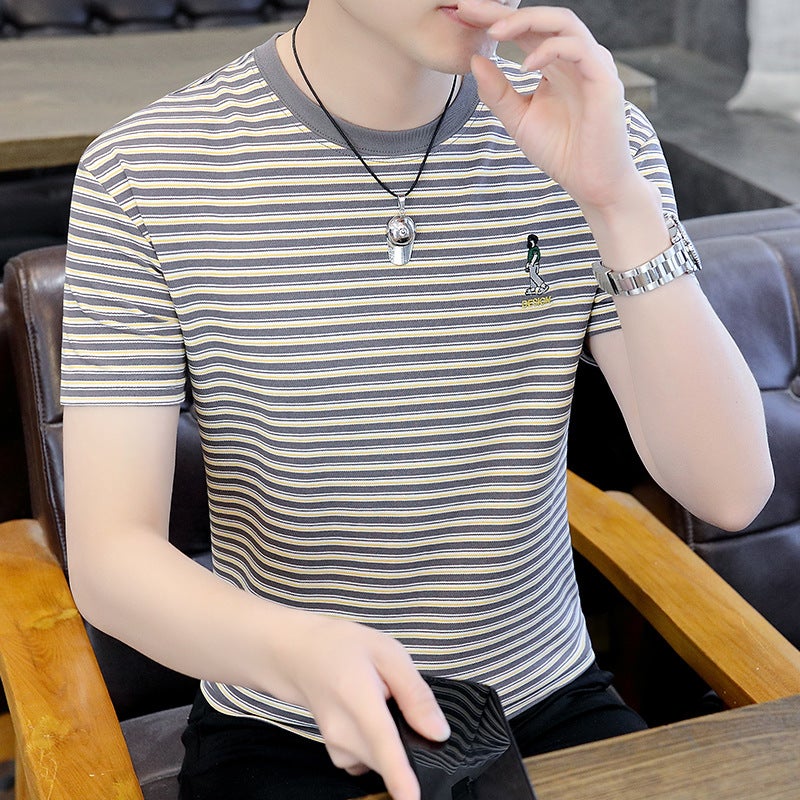 Men'S Short Sleeve T-Shirt Men'S Cotton Round Neck Striped Half Sleeve T-Shirt Men'S Round Neck Short Sleeve - Image 1
