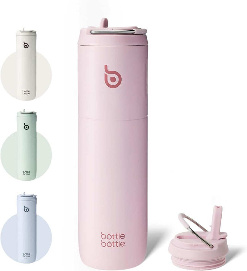 bottle bottle Insulated Stainless Steel Water Bottle 24oz capacity. Includes Straw, Lid and Handle for Sports, Travel & Gym. Maintains 24 hour cold liquids and up to 12 hours hot. Double-Wall Vacuum Metal, Leak Proof, BPA-Free - Baby Pink - Image 1