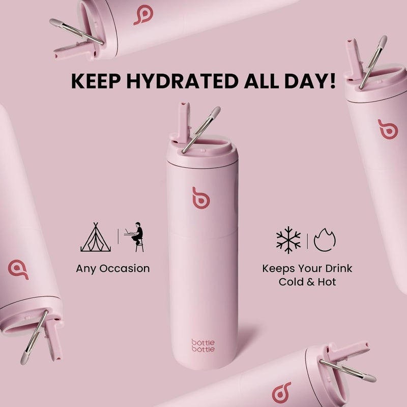 bottle bottle Insulated Stainless Steel Water Bottle 24oz capacity. Includes Straw, Lid and Handle for Sports, Travel & Gym. Maintains 24 hour cold liquids and up to 12 hours hot. Double-Wall Vacuum Metal, Leak Proof, BPA-Free - Baby Pink - Image 5