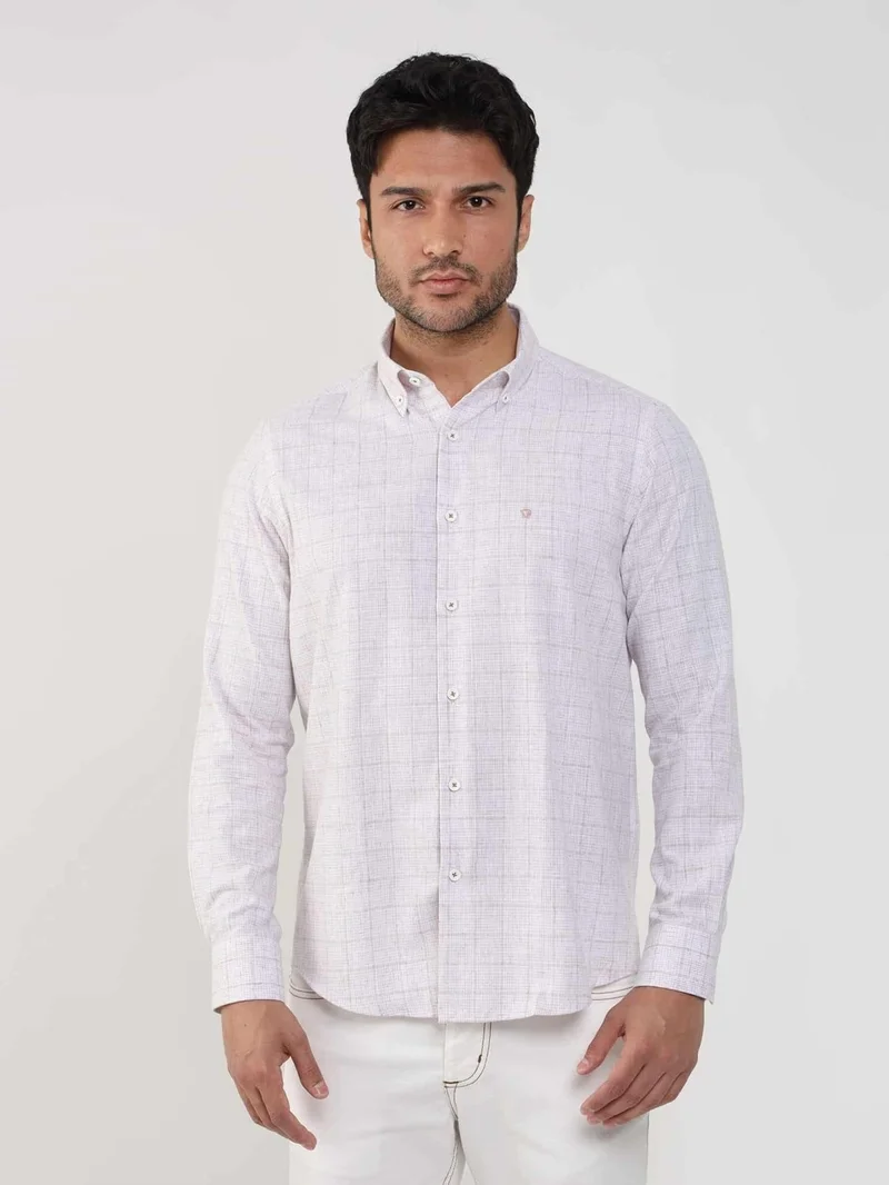 Dufy Beige Men's Slim Fit Checked Button Collar Long Sleeve Shirt - 104875