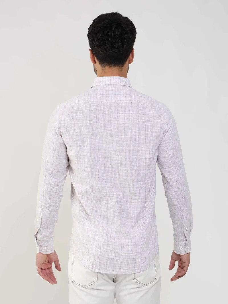Dufy Beige Men's Slim Fit Checked Button Collar Long Sleeve Shirt - 104875
