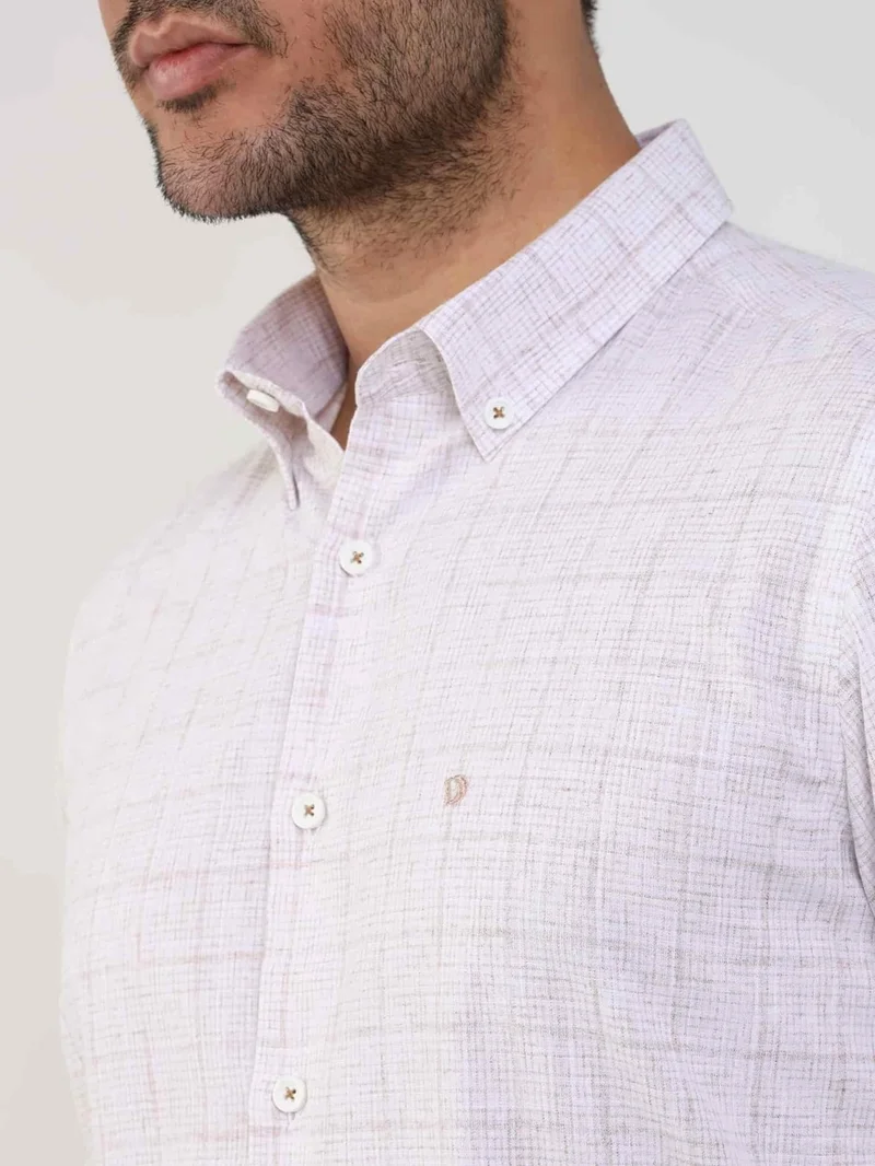 Dufy Beige Men's Slim Fit Checked Button Collar Long Sleeve Shirt - 104875