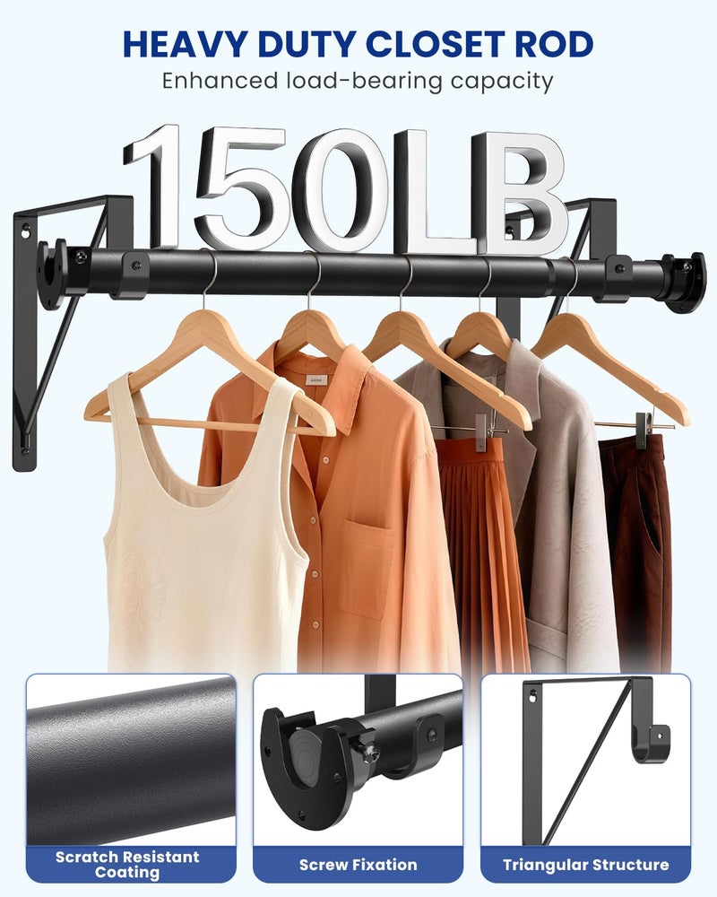 Supforce Closet Rods for Hanging Clothes with Triangular Brackets, 17 to 69 Inches Stepless Adjustable Closet Rod, 1.3 Inch Heavy Duty Closet Rod for Closet Wardrobe Laundry RV (Without Board/Black) - Image 3