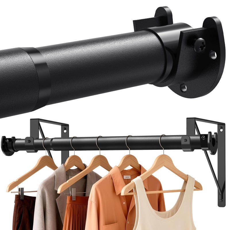 Supforce Closet Rods for Hanging Clothes with Triangular Brackets, 17 to 69 Inches Stepless Adjustable Closet Rod, 1.3 Inch Heavy Duty Closet Rod for Closet Wardrobe Laundry RV (Without Board/Black) - Image 1