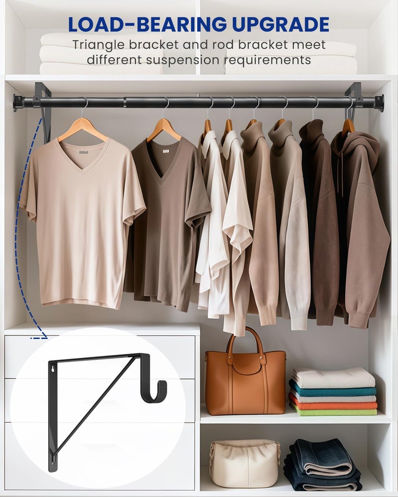 Supforce Closet Rods for Hanging Clothes with Triangular Brackets, 17 to 69 Inches Stepless Adjustable Closet Rod, 1.3 Inch Heavy Duty Closet Rod for Closet Wardrobe Laundry RV (Without Board/Black) - Image 2