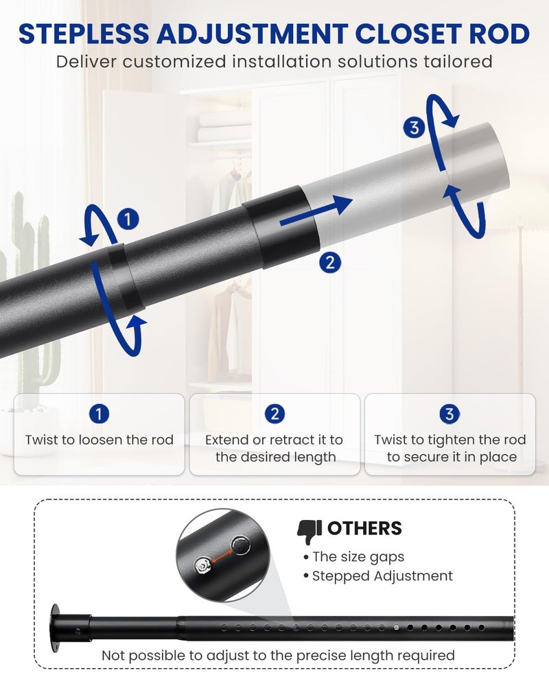 Supforce Closet Rods for Hanging Clothes with Triangular Brackets, 17 to 69 Inches Stepless Adjustable Closet Rod, 1.3 Inch Heavy Duty Closet Rod for Closet Wardrobe Laundry RV (Without Board/Black) - Image 4